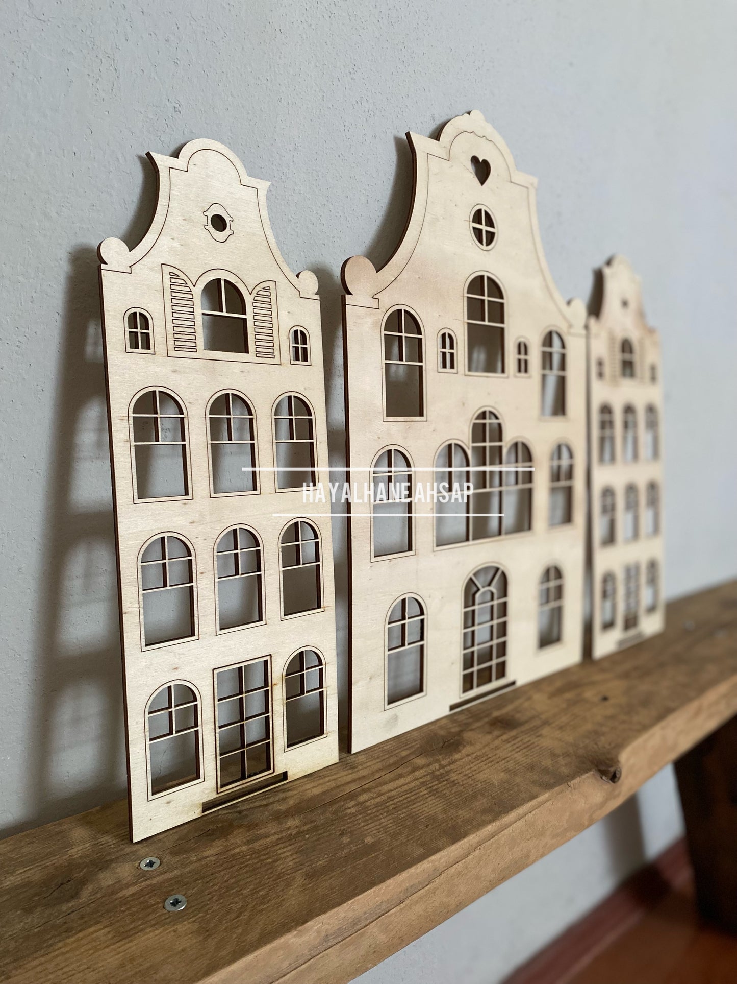 Amsterdam Evleri / Ahşap Ev Montessori Çocuk Odası Duvar Dekoru - Doğal Ahşap Dekoratif Ev / Boyanabilir Ahşap Evler