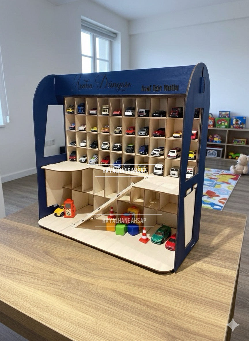 Ahşap Oyuncak Araba Garaji ve Otopark Düzenleyici / Renkli