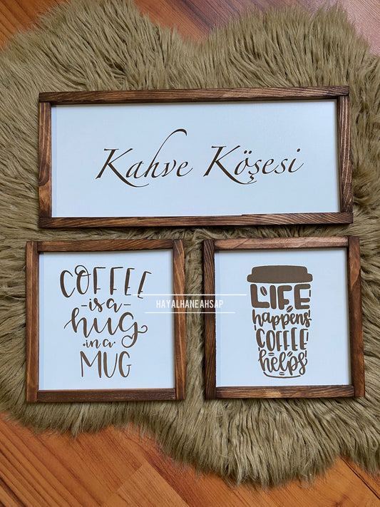 Kahve Köşesi Ahşap Tablo Seti / Türkçe Kahve Köşesi Tablo