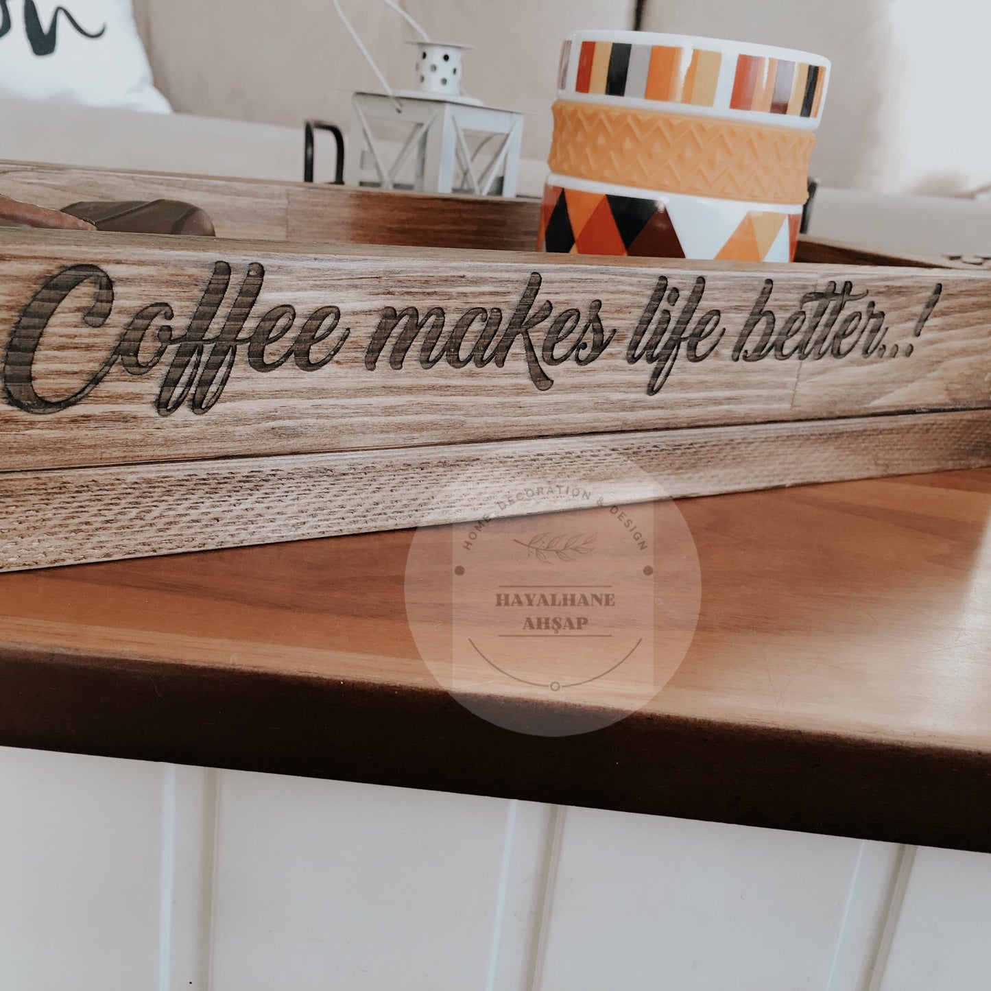 Ahşap Tepsi / Masif Ağaç Kutu / Coffee Makes Life Better