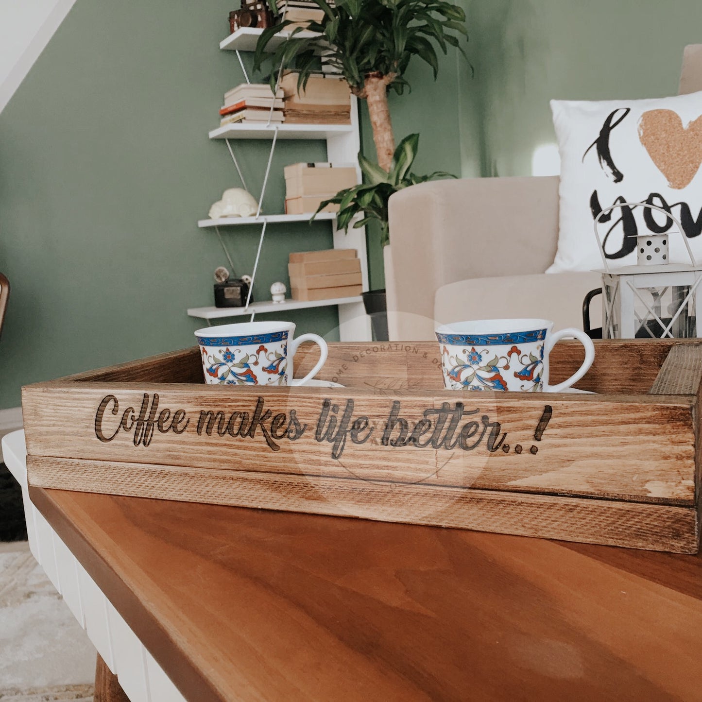 Ahşap Tepsi / Masif Ağaç Kutu / Coffee Makes Life Better