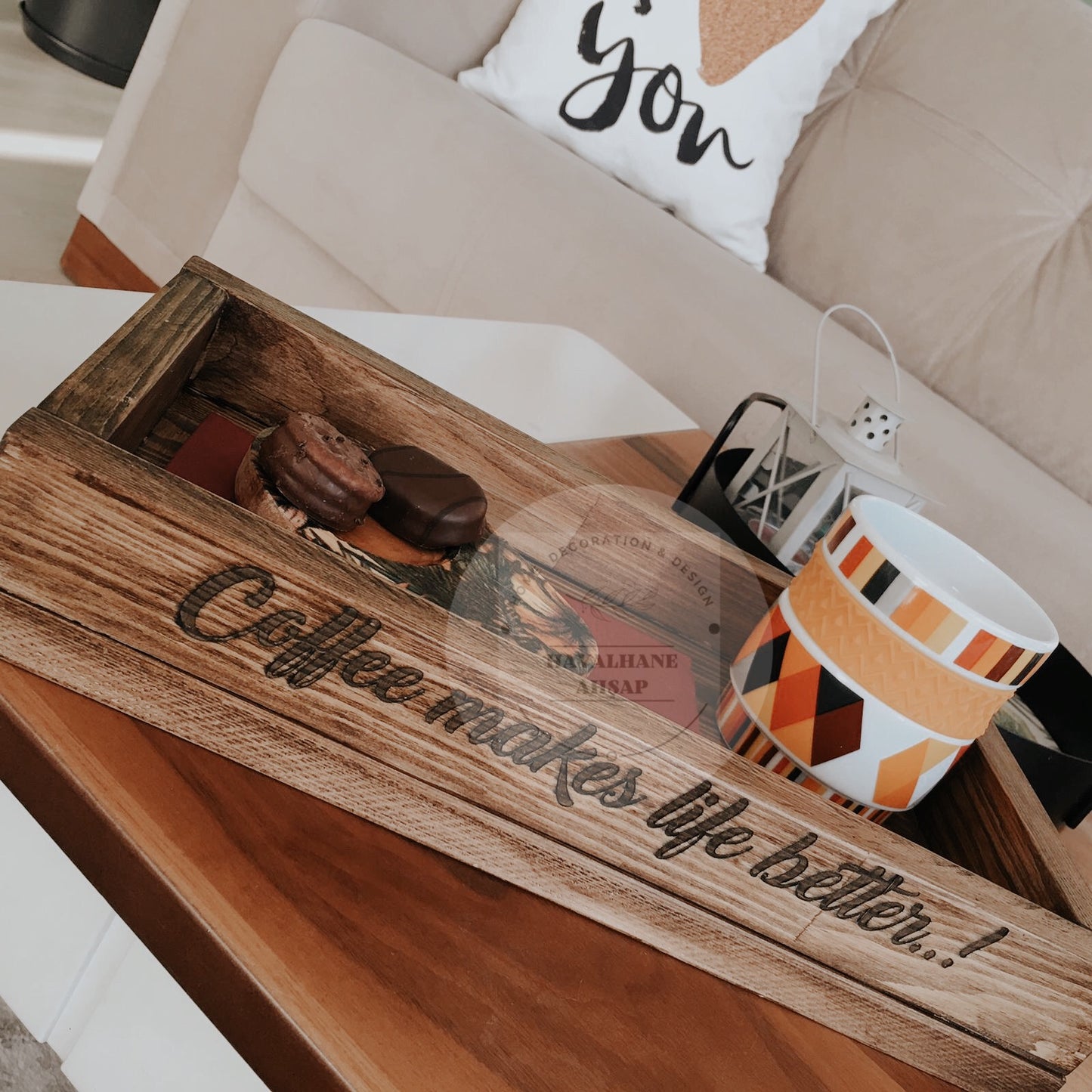 Ahşap Tepsi / Masif Ağaç Kutu / Coffee Makes Life Better