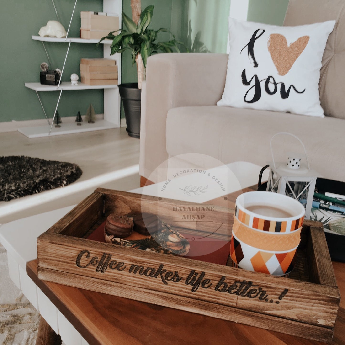 Ahşap Tepsi / Masif Ağaç Kutu / Coffee Makes Life Better