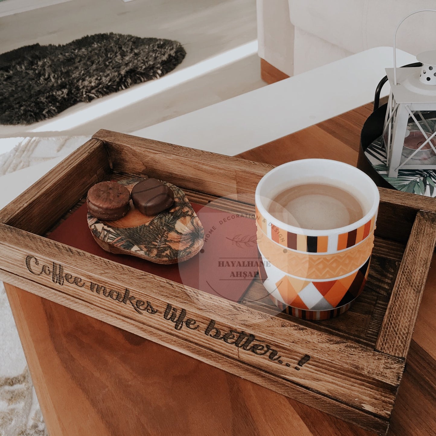 Ahşap Tepsi / Masif Ağaç Kutu / Coffee Makes Life Better