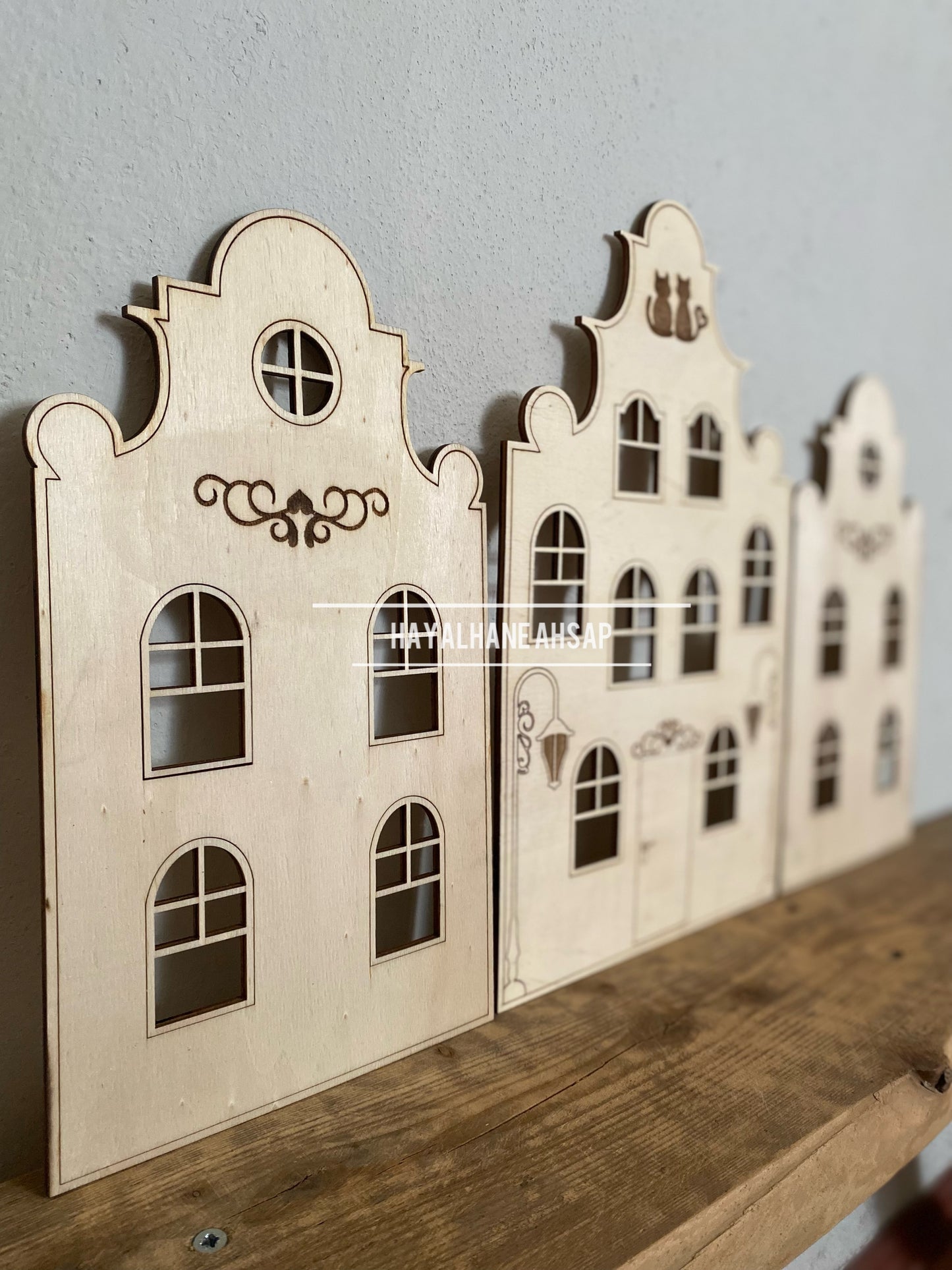 Amsterdam Evleri / Ahşap Ev Montessori Çocuk Odası Duvar Dekoru - Doğal Ahşap Dekoratif Ev / Boyanabilir Ahşap Evler