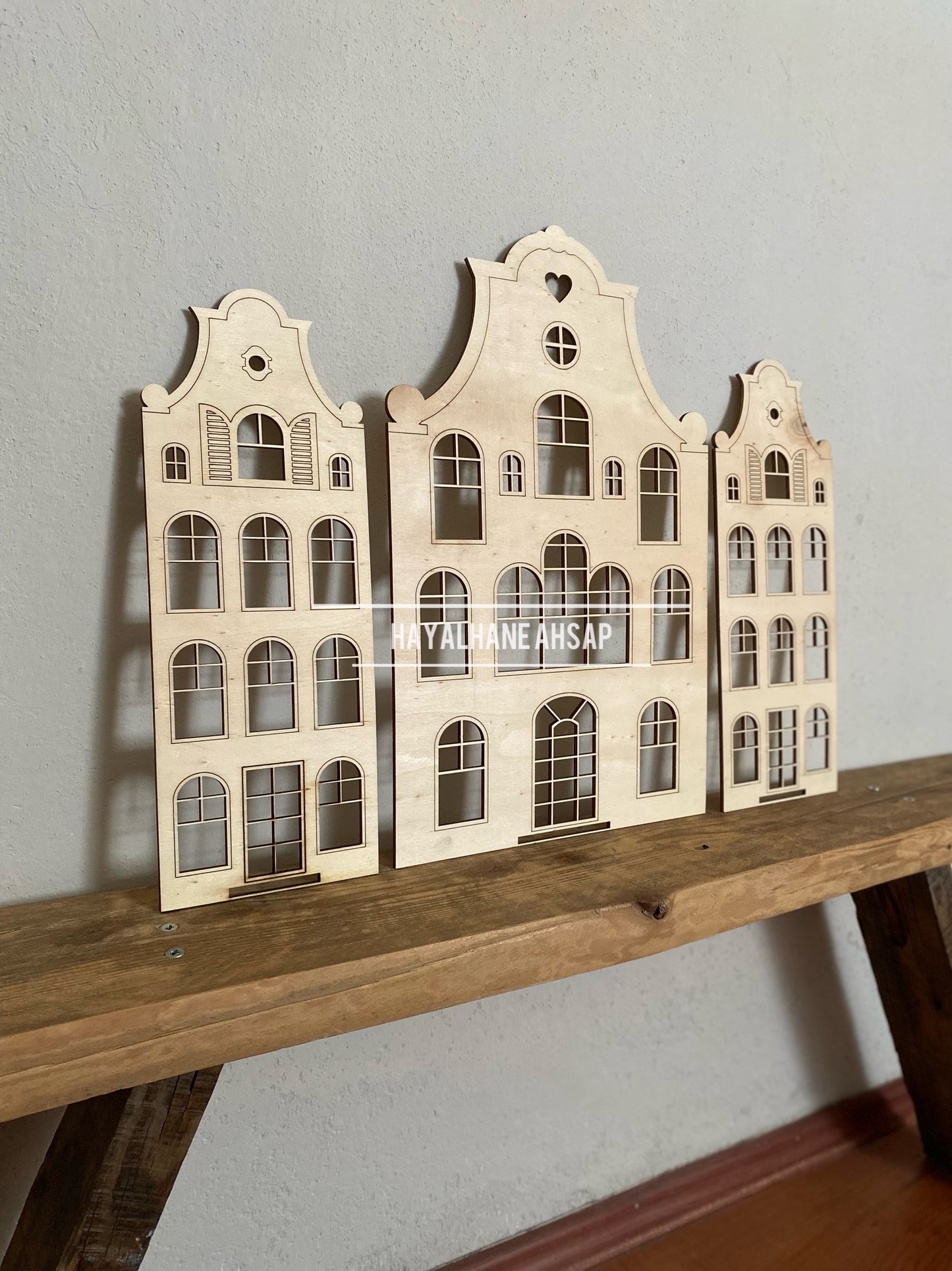 Amsterdam Evleri / Ahşap Ev Montessori Çocuk Odası Duvar Dekoru - Doğal Ahşap Dekoratif Ev / Boyanabilir Ahşap Evler