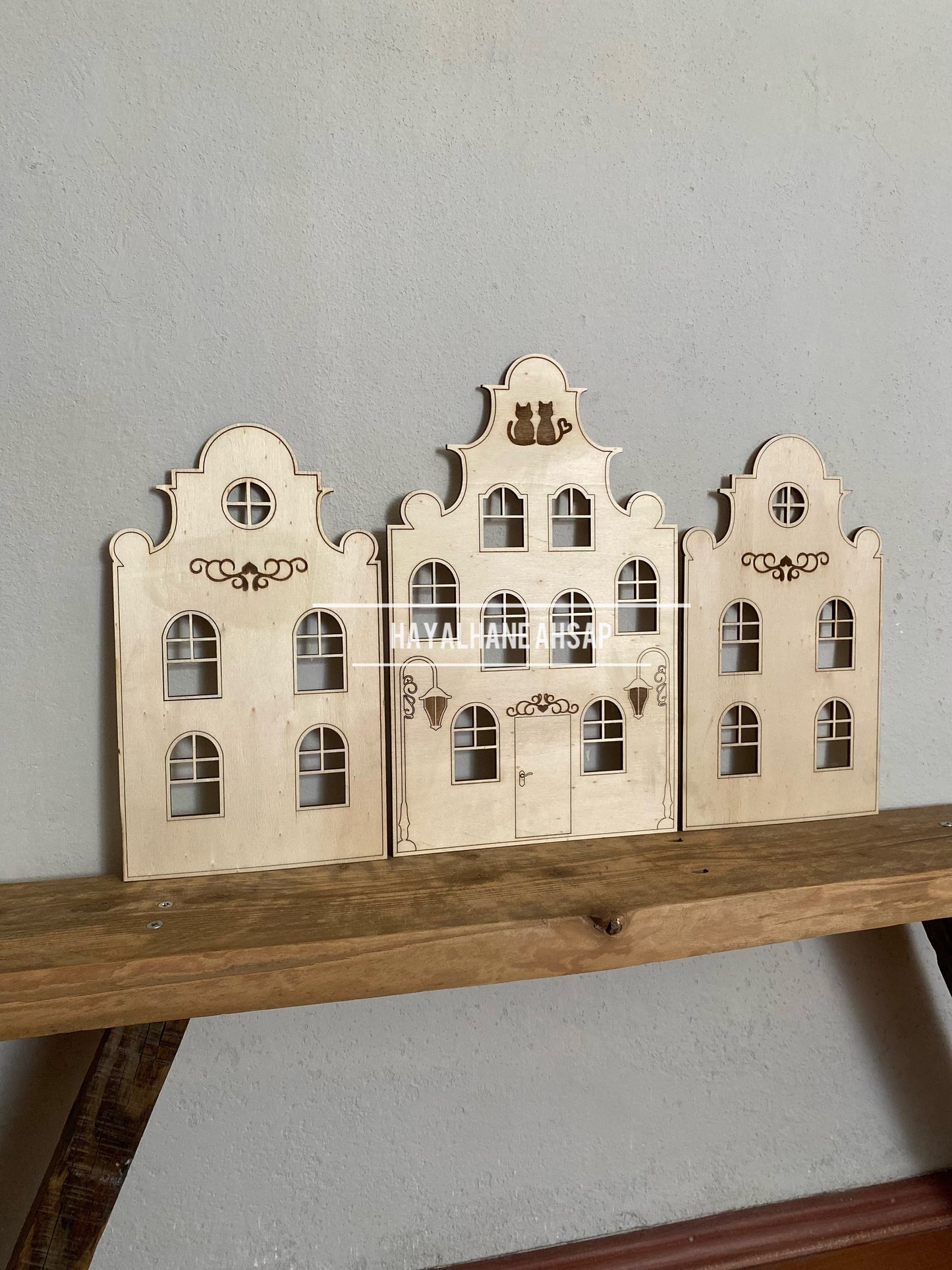 Amsterdam Evleri / Ahşap Ev Montessori Çocuk Odası Duvar Dekoru - Doğal Ahşap Dekoratif Ev / Boyanabilir Ahşap Evler