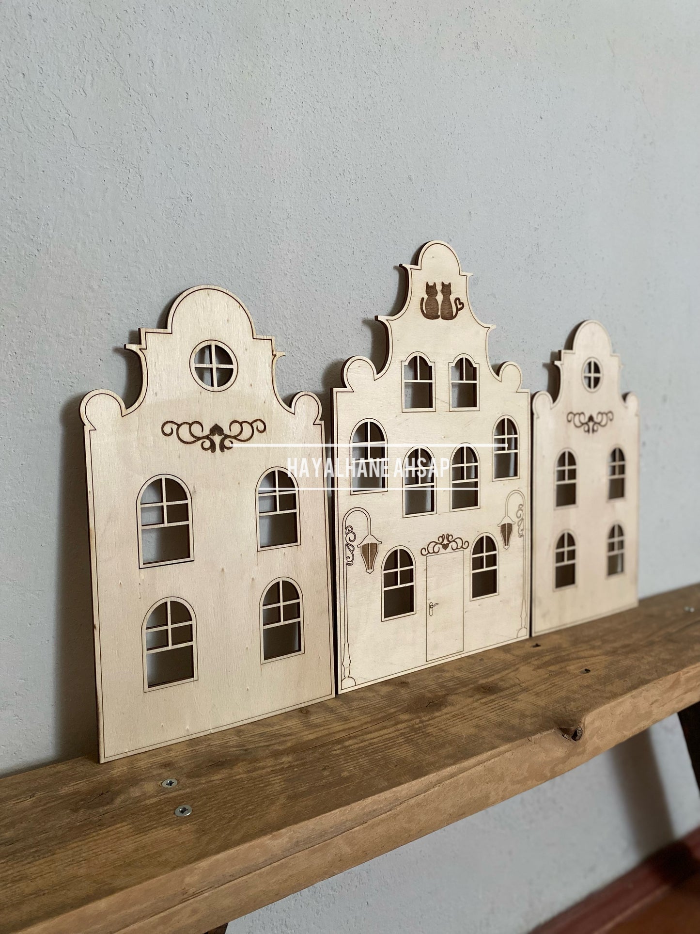 Amsterdam Evleri / Ahşap Ev Montessori Çocuk Odası Duvar Dekoru - Doğal Ahşap Dekoratif Ev / Boyanabilir Ahşap Evler